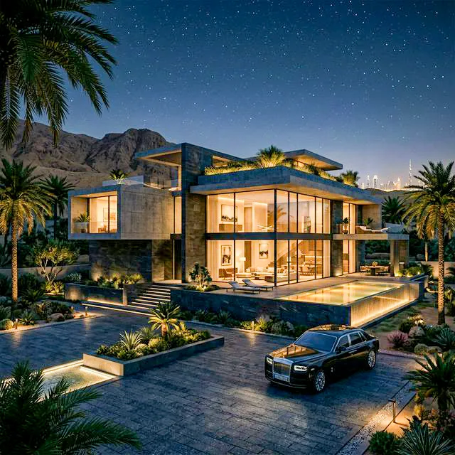 GOGER luxury villa — completed exterior at night